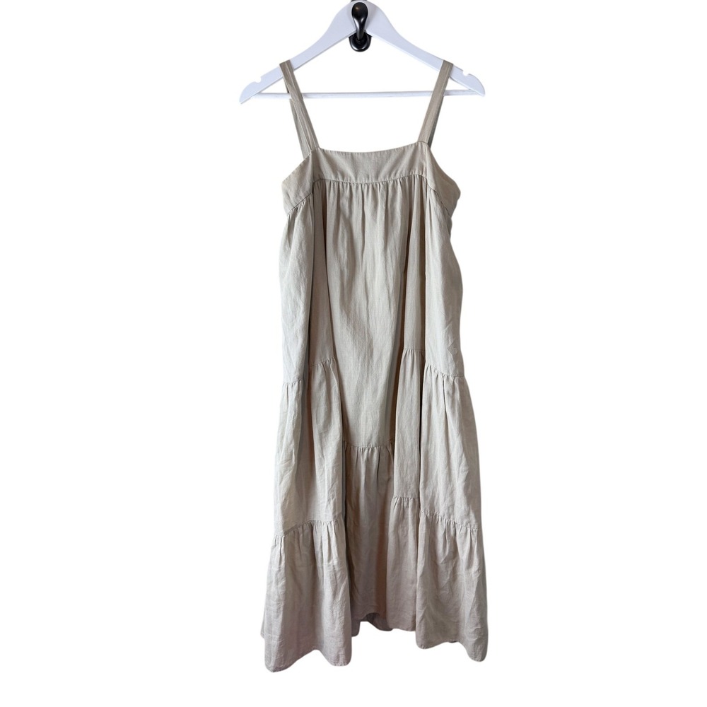 Jenni Kayne Khaki Cotton Linen Tiered Midi Dress Side Button Pockets Sz S